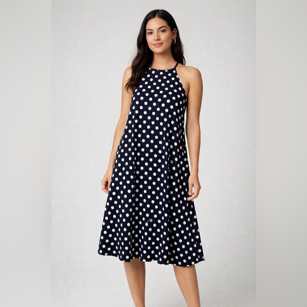 Nine Britton‎ Polka Dot Midi Dress Navy White Swing Strappy Womens S